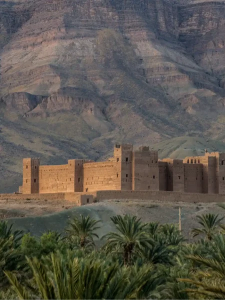 Un palais au pieds d'une montagne dans le désert devant un oasis